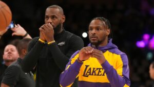 LeBron, Bronny James make history as first father-son duo to play in NBA game together in Lakers home opener