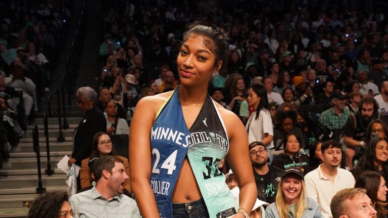 Angel Reese sits courtside at WNBA Finals with split Lynx/Liberty outfit