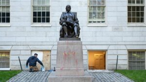 Anti-Israel agitators deface Harvard statute day after Oct. 7 anniversary: ‘Bring the war home’