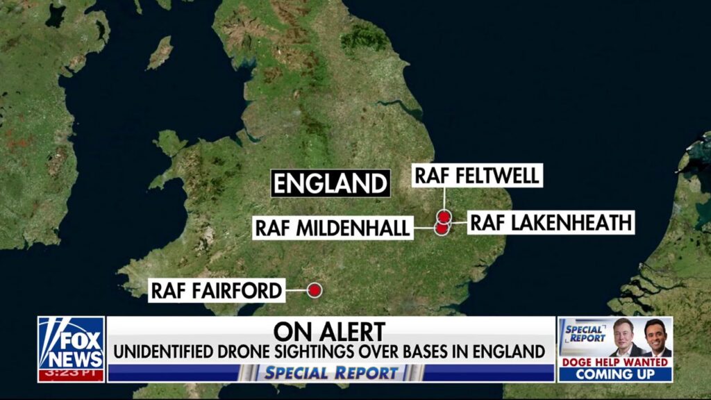 Unidentified drones spotted over bases in England