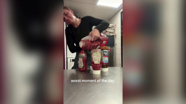 Waitress has negative reaction to filling ketchup bottles