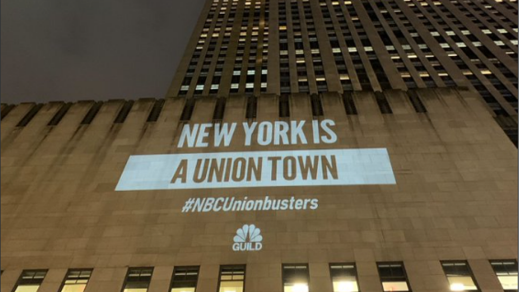 NBC union projects graphics on 30 Rock accusing leadership of stalling on contract