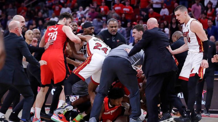 Rockets' Amen Thompson throws Heat star Tyler Herro to the floor, sparking skirmish