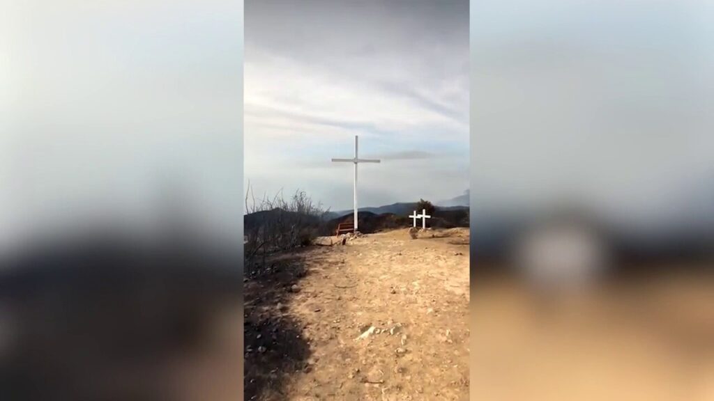 Cross overlooking Pepperdine University survives Franklin Fire