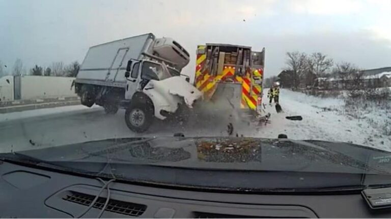 Wild dashcam video shows out-of-control truck slam into first responder vehicles on side of icy highway