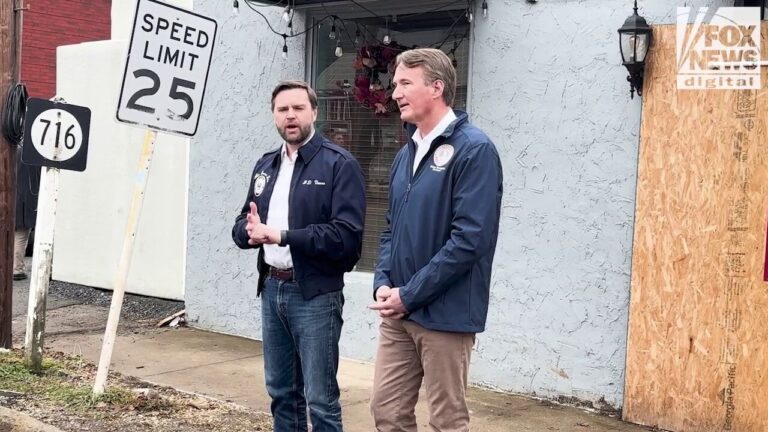 JD Vance meets Virginia Gov. Glenn Youngkin in hurricane-damaged Damascus