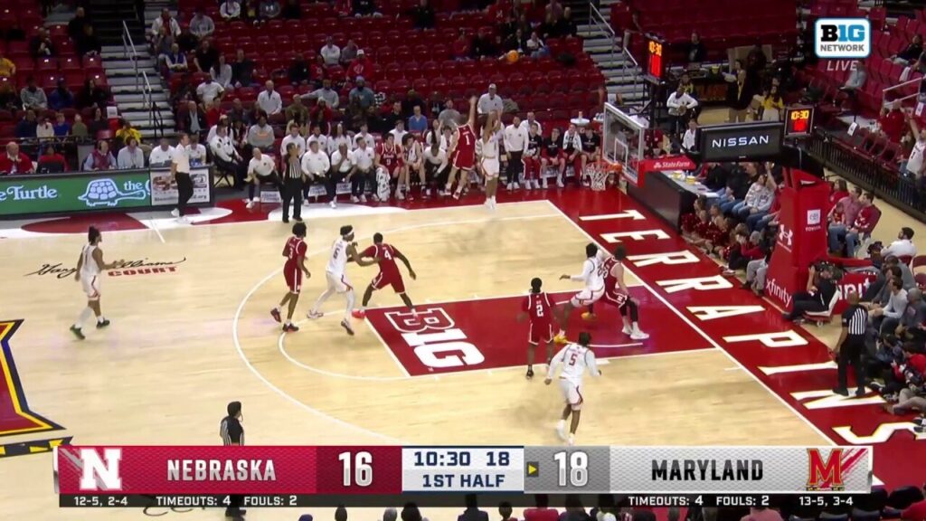 Ja'Kobi Gillespie hits a 3-pointer, extending Maryland's lead over Nebraska