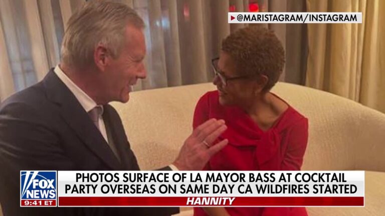 Photo surfaces of Los Angeles Mayor Bass at cocktail party same day fires started