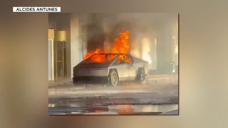 A Tesla Cybertruck catches fire in front of Trump International Hotel Las Vegas