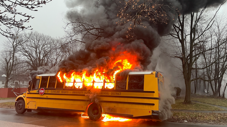 School bus caught on camera engulfed in flames after driver's ‘quick response’ saves students from inferno