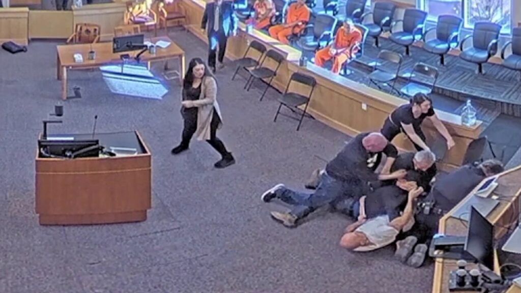 Video shows chaotic courtroom brawl during murder suspect hearing