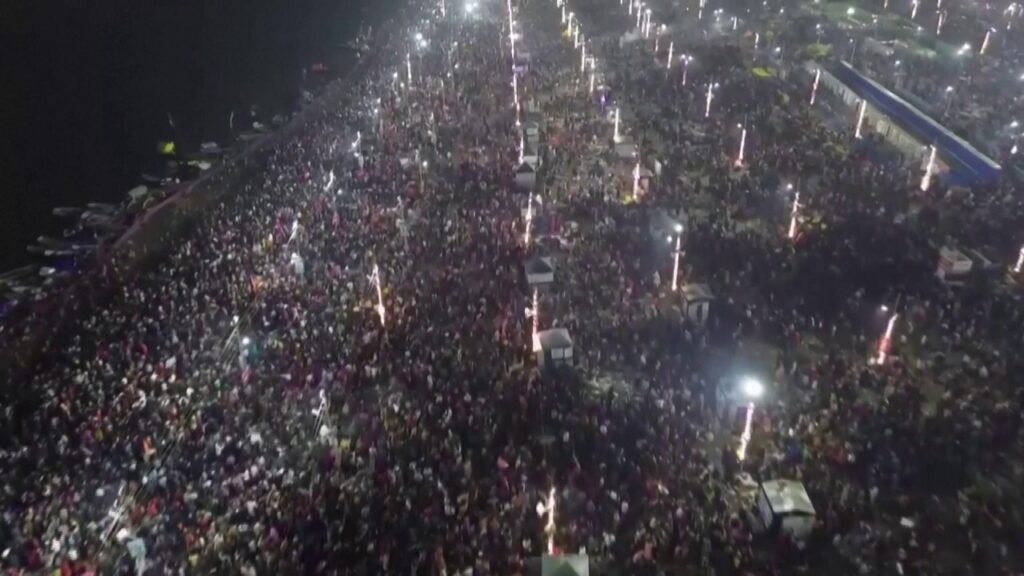 Drone shows massive crowds arriving for holy dip at India's Maha Kumbh Mela