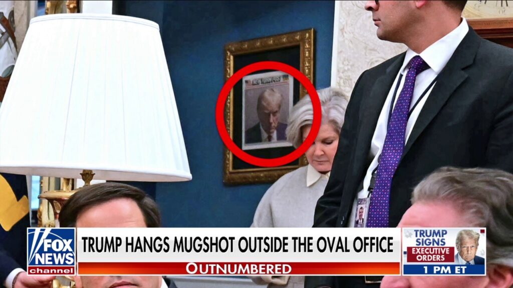 Trump proudly hangs 2023 mug shot outside the Oval Office