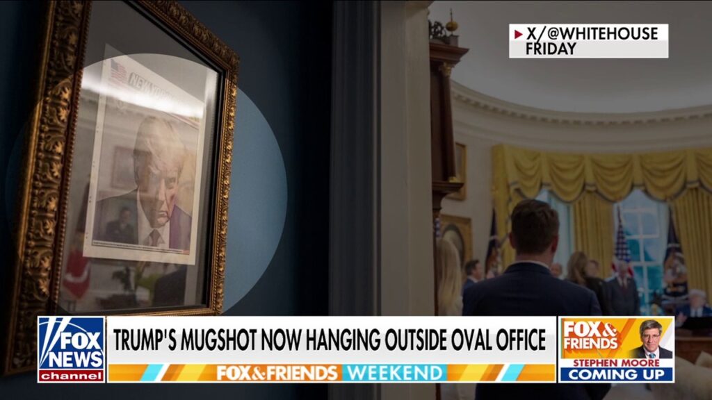 White House hangs iconic Trump mugshot outside Oval Office