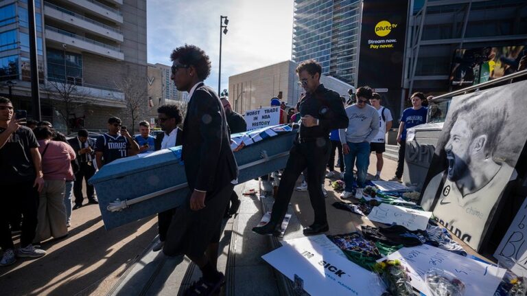 Disgruntled Mavericks fans protest Luka Doncic trade with symbolic funeral outside team's arena