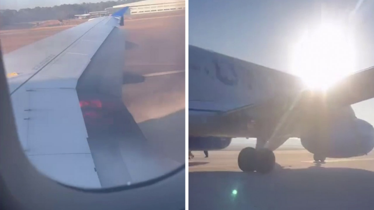 Video shows wing of United Airlines plane catching fire during takeoff at Houston airport