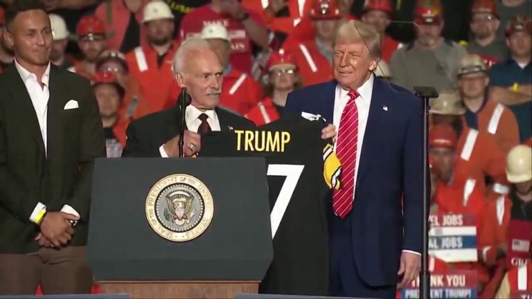 Pittsburgh Steelers players present Trump with custom jersey during US Steel rally