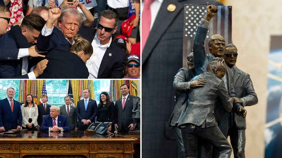 Sculpture depicting iconic Trump assassination attempt photo displayed in Oval Office