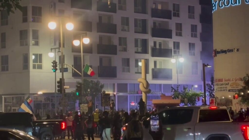 Protestors flee downtown Los Angeles street corner after police deploy tear gas