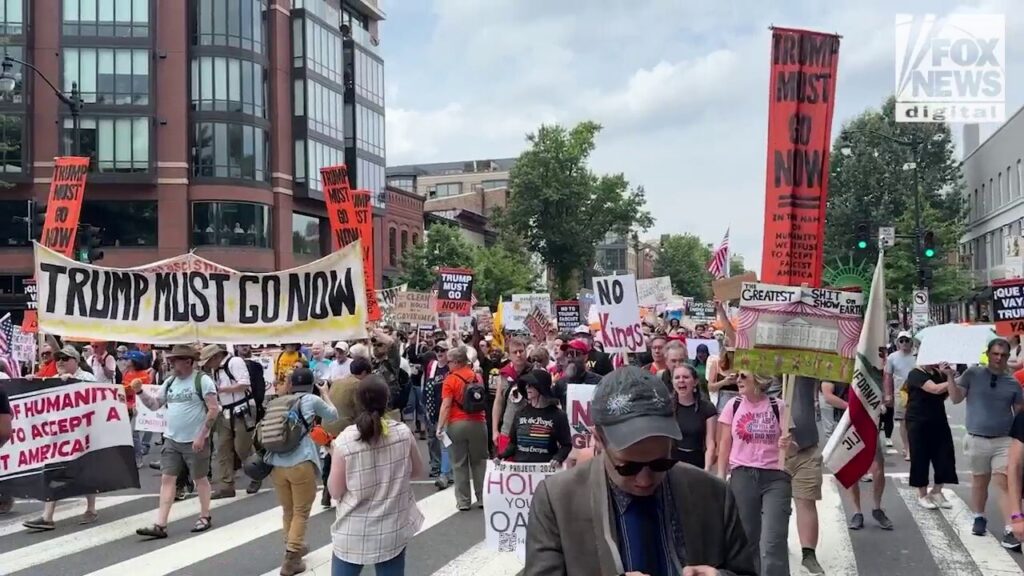 Protesters march in a 'No Kings' protest near Washington