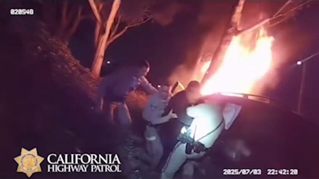 California Highway Patrol officers rescue man trapped in burning vehicle