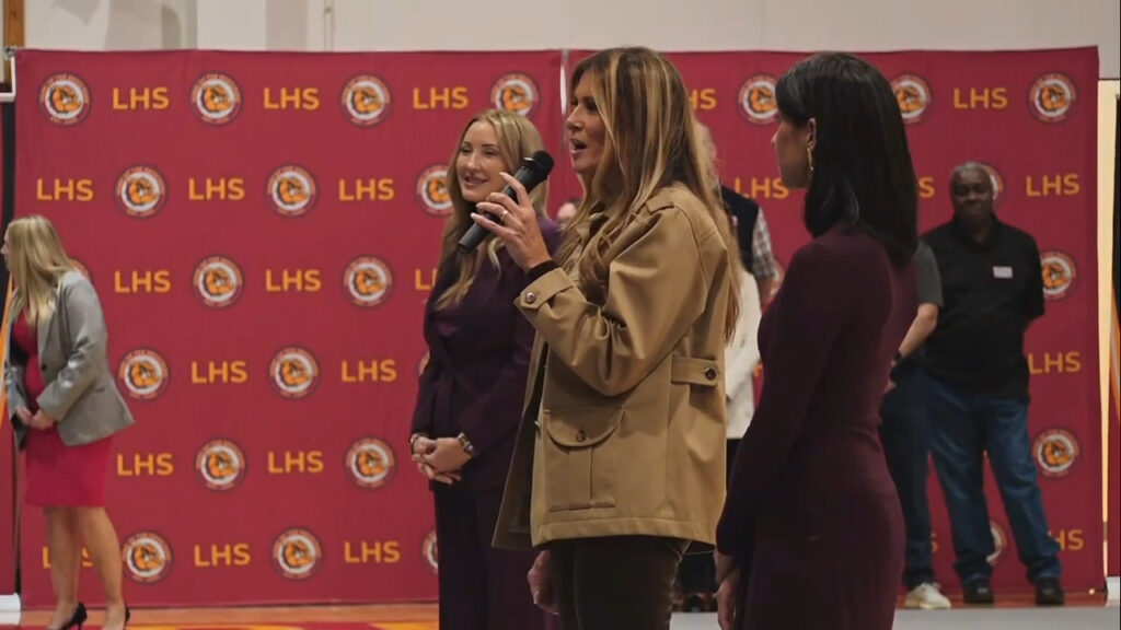 First lady Melania Trump speaks to military families at Lejeune High School