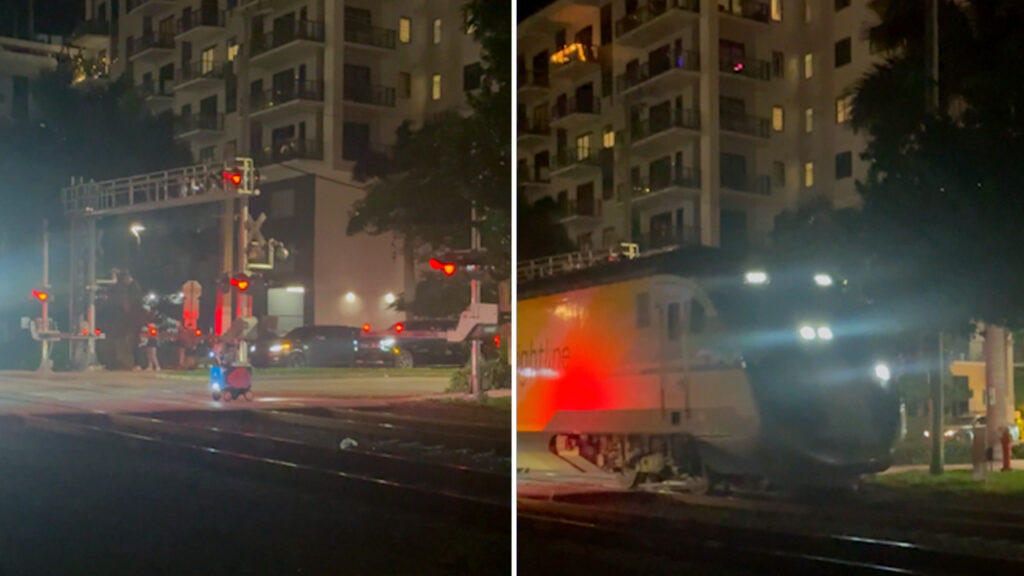 Train demolishes stranded food delivery robot sitting on railroad tracks in Miami