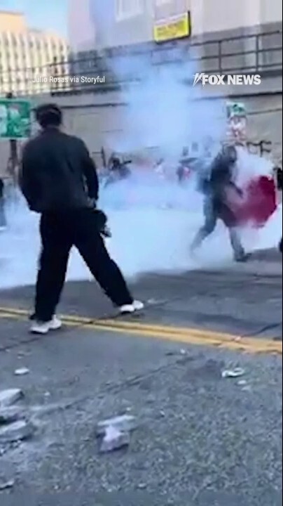 ‘No Kings’ protesters hurl cement blocks, CLASH with federal agents