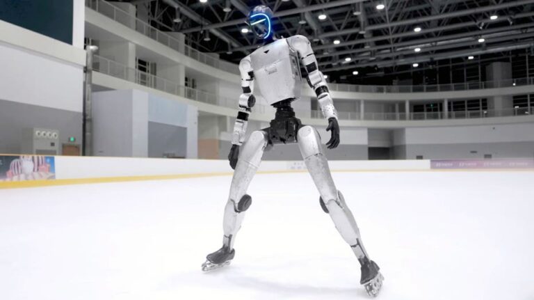 Unitree G1 humanoid robot ice skates and rollerblades